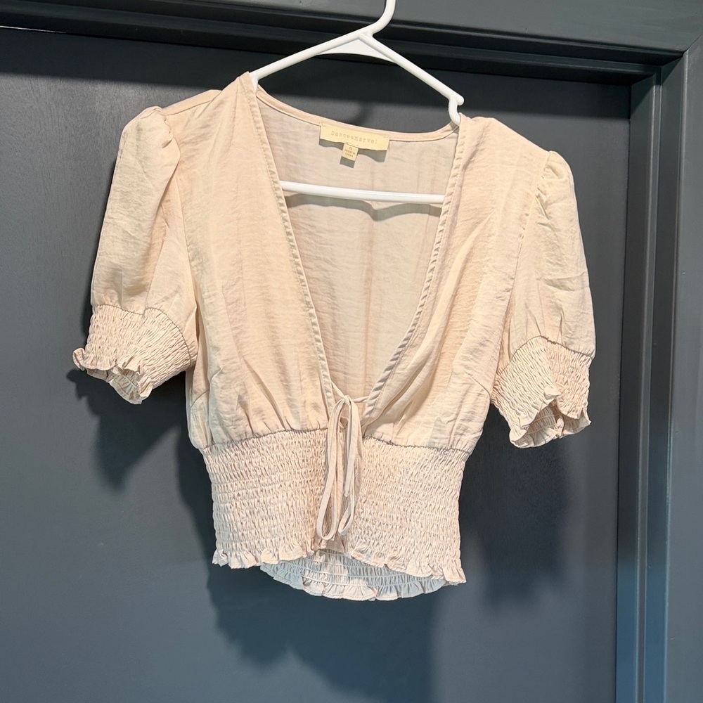 Dance & Marvel Cream Smocked Tie-Front Blouse